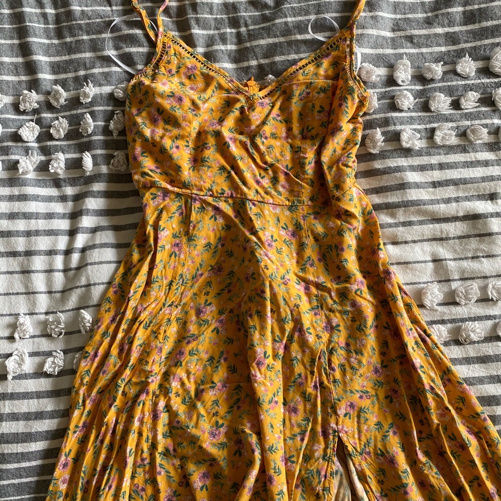 Lulu's Mustard Yellow Floral Spaghetti-Strap Sundress